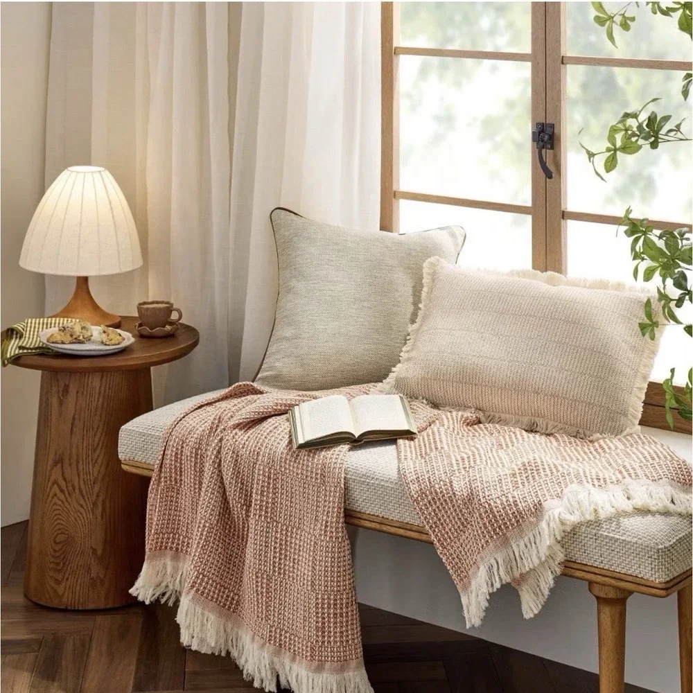 Hearth & Hand Magnolia Throw Blanket Checkered Knit Fringe Neutral Blush Rust‎